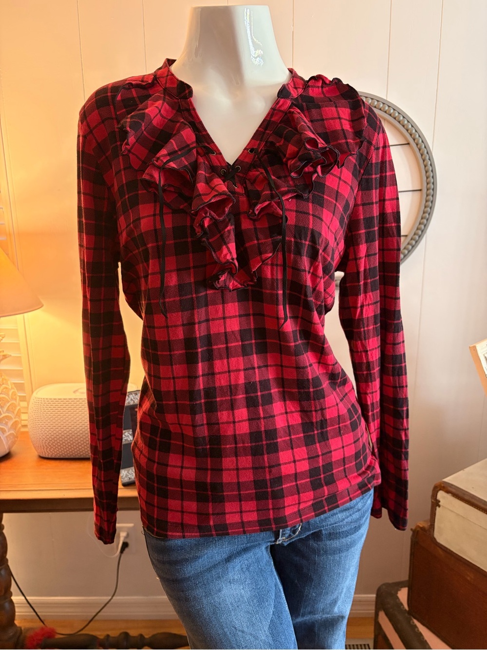 Chaps Red Plaid Ruffle-Trim Long Sleeve Knit Top